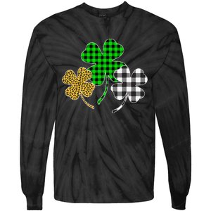 Irish Shamrocks Leopard Buffalo Plaid St Patrick's Day Tie-Dye Long Sleeve Shirt