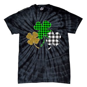 Irish Shamrocks Leopard Buffalo Plaid St Patrick's Day Tie-Dye T-Shirt