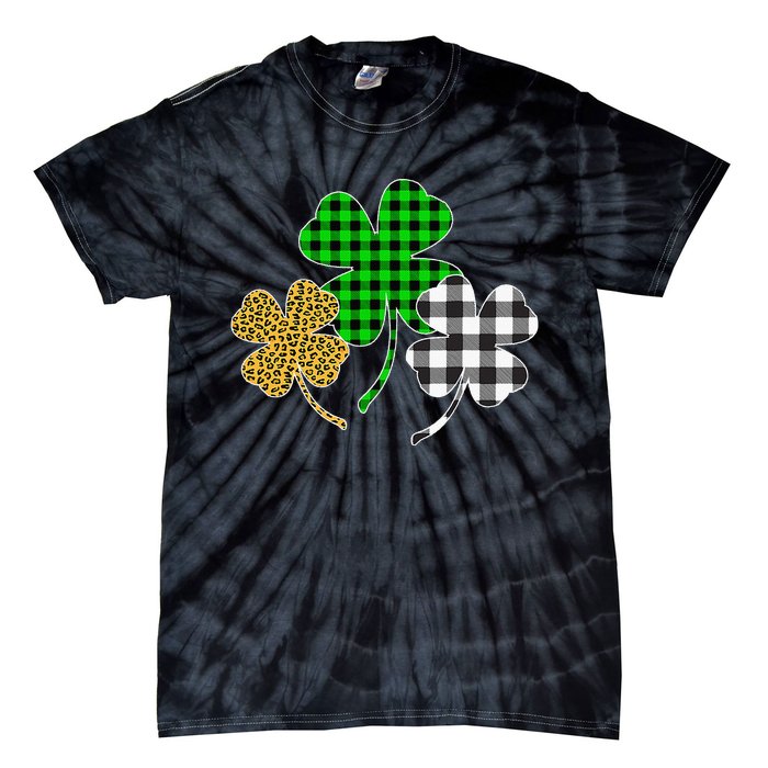 Irish Shamrocks Leopard Buffalo Plaid St Patrick's Day Tie-Dye T-Shirt