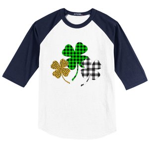 Irish Shamrocks Leopard Buffalo Plaid St Patrick's Day Baseball Sleeve Shirt