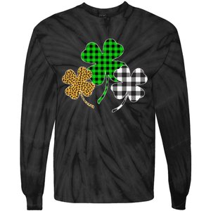 Irish Shamrocks Leopard Buffalo Plaid St Patrick's Day Tie-Dye Long Sleeve Shirt