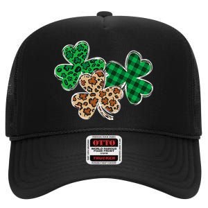 Irish Shamrocks Leopard Buffalo Plaid St Patrick's Day High Crown Mesh Back Trucker Hat