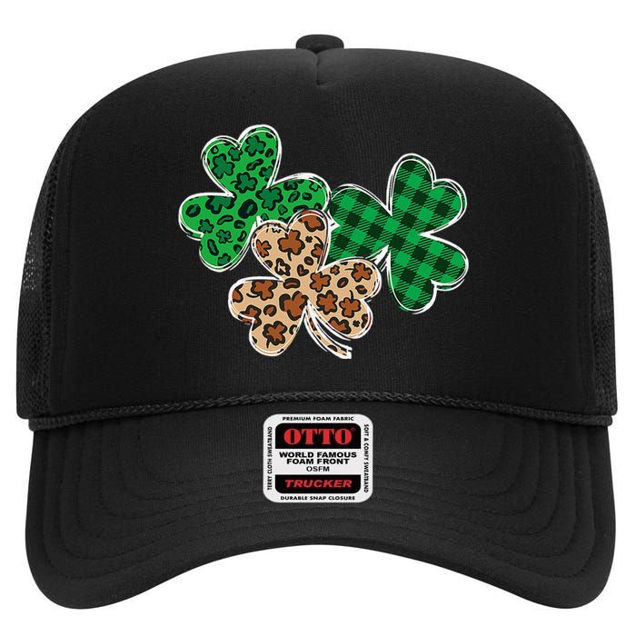 Irish Shamrocks Leopard Buffalo Plaid St Patrick's Day High Crown Mesh Back Trucker Hat