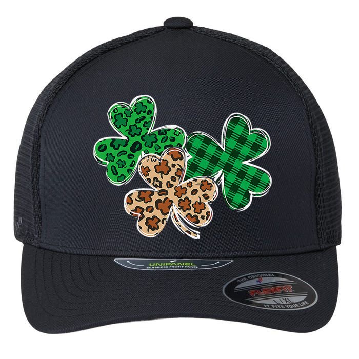 Irish Shamrocks Leopard Buffalo Plaid St Patrick's Day Flexfit Unipanel Trucker Cap