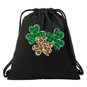 Irish Shamrocks Leopard Buffalo Plaid St Patrick's Day Drawstring Bag