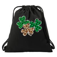 Irish Shamrocks Leopard Buffalo Plaid St Patrick's Day Drawstring Bag