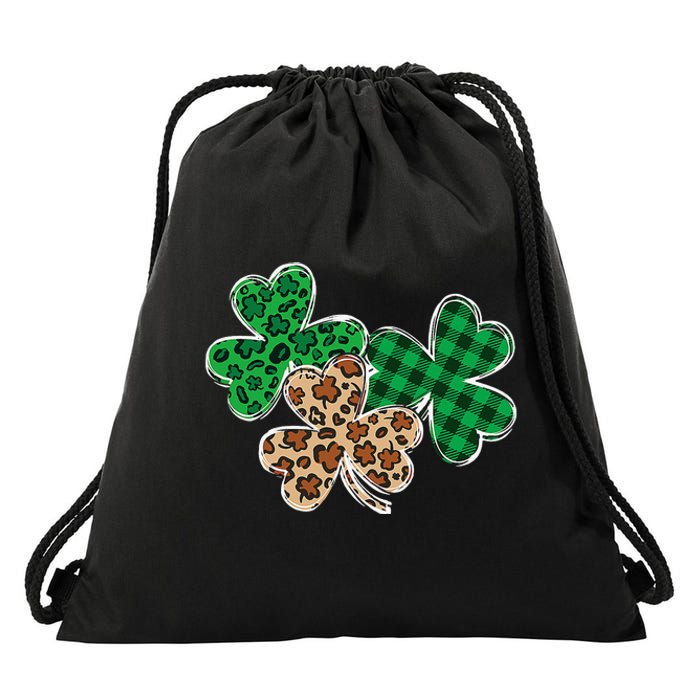 Irish Shamrocks Leopard Buffalo Plaid St Patrick's Day Drawstring Bag