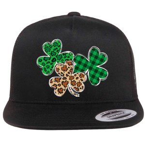 Irish Shamrocks Leopard Buffalo Plaid St Patrick's Day Flat Bill Trucker Hat