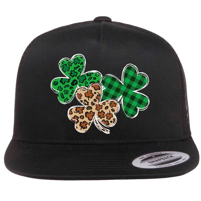 Irish Shamrocks Leopard Buffalo Plaid St Patrick's Day Flat Bill Trucker Hat