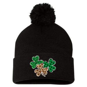 Irish Shamrocks Leopard Buffalo Plaid St Patrick's Day Pom Pom 12in Knit Beanie