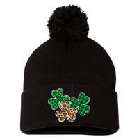 Irish Shamrocks Leopard Buffalo Plaid St Patrick's Day Pom Pom 12in Knit Beanie