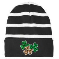 Irish Shamrocks Leopard Buffalo Plaid St Patrick's Day Striped Beanie with Solid Band