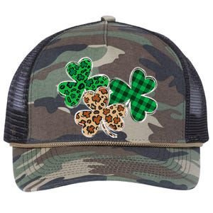 Irish Shamrocks Leopard Buffalo Plaid St Patrick's Day Retro Rope Trucker Hat Cap