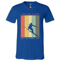 I Ski Like A Try And Keep Up Retro Vintage Gift V-Neck T-Shirt