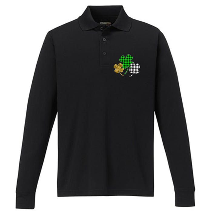 Irish Shamrocks Leopard Buffalo green St Patrick's Day Performance Long Sleeve Polo