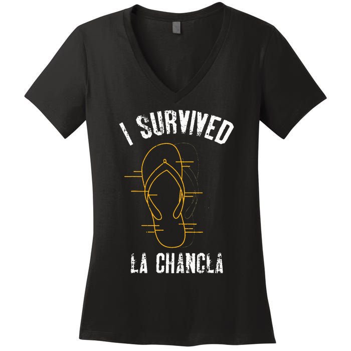 I Survived La Chancla Slippers Funny Mexican Culture Gift Women's V-Neck T-Shirt