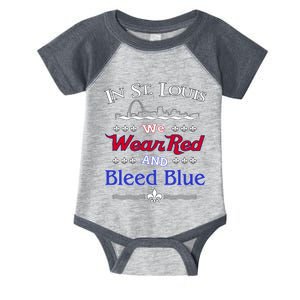 In St. Louis We Wear Red and Bleed Blue Sports Fan Infant Baby Jersey Bodysuit