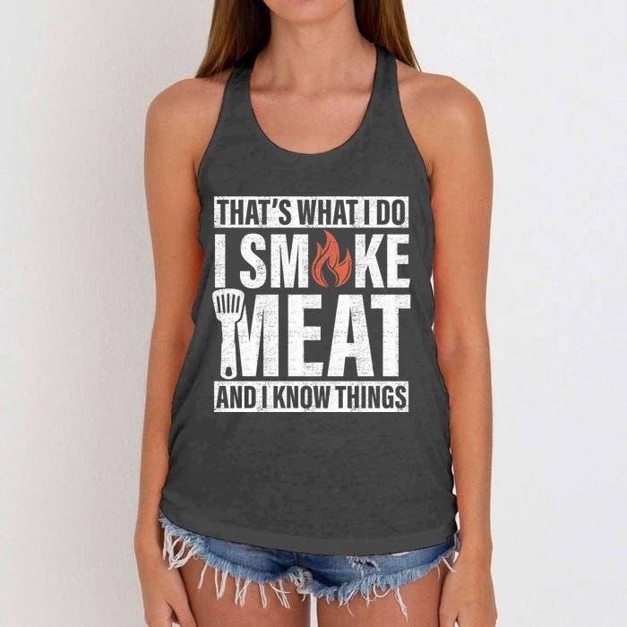 I Smoke Meat And I Know Things Funny BBQ Smoker Women's Knotted Racerback Tank