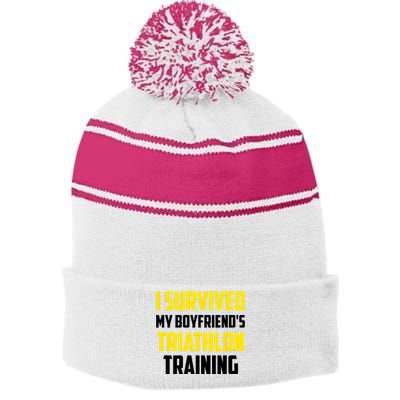 I Survived My BoyfriendS Triathlon Training Triathlete Stripe Pom Pom Beanie