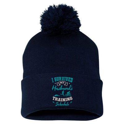 I Survived My HusbandS Training Schedule Triathlon Pom Pom 12in Knit Beanie