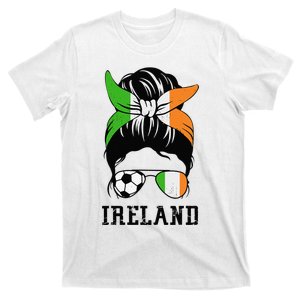 Irish Soccer  Mom Messy Bun Ireland Flag Football Fan T-Shirt