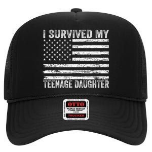 I Survived My Teenage Daughter Funny Dad & Mom High Crown Mesh Back Trucker Hat