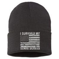 I Survived My Teenage Daughter Funny Dad & Mom Sustainable Knit Beanie