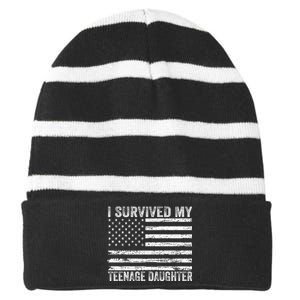 I Survived My Teenage Daughter Funny Dad & Mom Striped Beanie with Solid Band