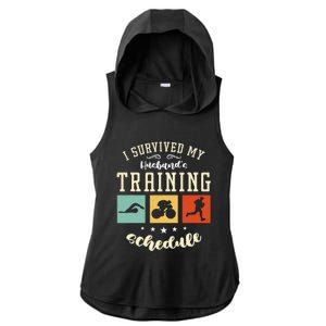 I Survived My Husband's Swim Bike Running Race Triathlon Ladies PosiCharge Tri-Blend Wicking Draft Hoodie Tank