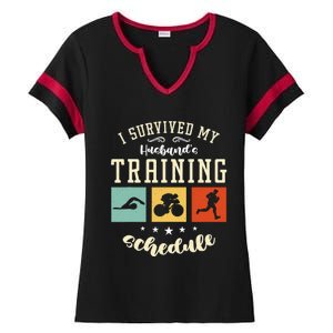 I Survived My Husband's Swim Bike Running Race Triathlon Ladies Halftime Notch Neck Tee