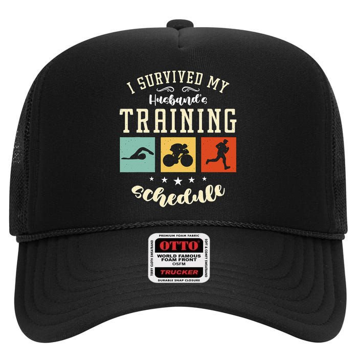 I Survived My Husband's Swim Bike Running Race Triathlon High Crown Mesh Back Trucker Hat