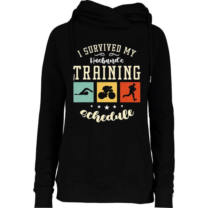 I Survived My Husband's Swim Bike Running Race Triathlon Womens Funnel Neck Pullover Hood