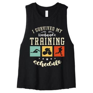 I Survived My Husband's Swim Bike Running Race Triathlon Women's Racerback Cropped Tank