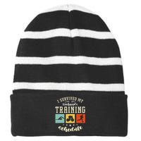 I Survived My Husband's Swim Bike Running Race Triathlon Striped Beanie with Solid Band