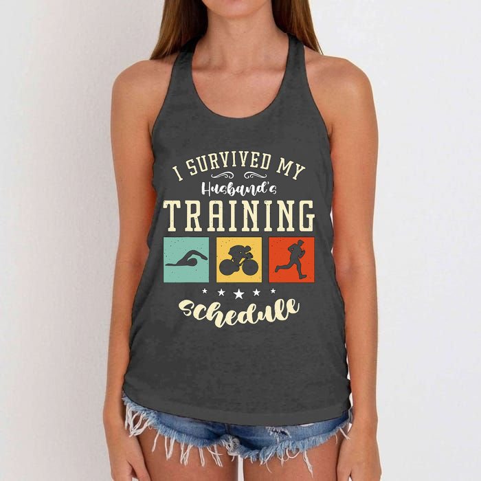 I Survived My Husband's Swim Bike Running Race Triathlon Women's Knotted Racerback Tank