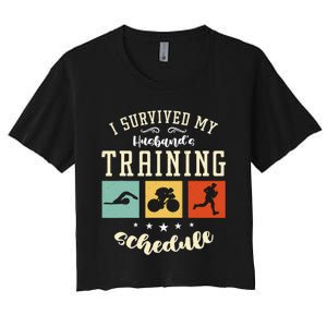 I Survived My Husband's Swim Bike Running Race Triathlon Women's Crop Top Tee