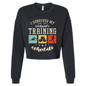 I Survived My Husband's Swim Bike Running Race Triathlon Cropped Pullover Crew