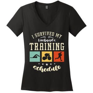 I Survived My Husband's Swim Bike Running Race Triathlon Women's V-Neck T-Shirt