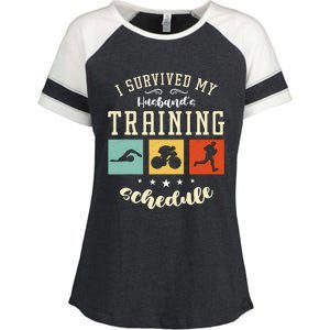 I Survived My Husband's Swim Bike Running Race Triathlon Enza Ladies Jersey Colorblock Tee