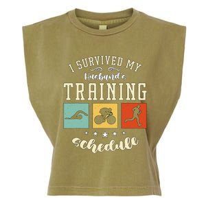 I Survived My Husband's Swim Bike Running Race Triathlon Garment-Dyed Women's Muscle Tee