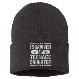 I Survived My Teenage Daughter Teenager Funny Dad Mom Sustainable Knit Beanie