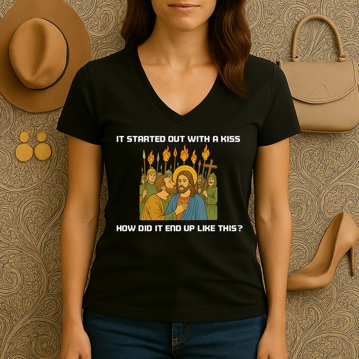It Started Out With A How Did It End Up Like This Jesus  Women's V-Neck T-Shirt