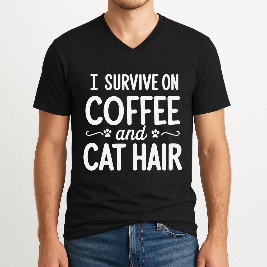 I Survive On Coffee And Cat Hair Vet Humor Design V-Neck T-Shirt