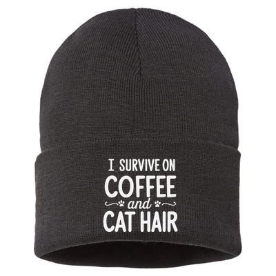 I Survive On Coffee And Cat Hair Vet Humor Design Sustainable Knit Beanie