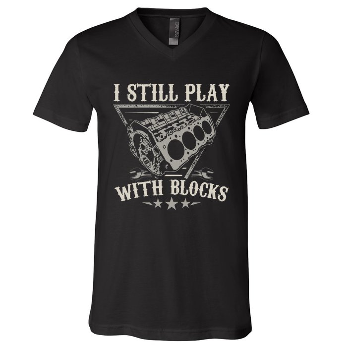 I Still Play With Blocks Racing Maintenance Vintage V-Neck T-Shirt