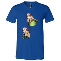 Irish St Patricks Day Fishing Sloth Shamrock Plaid Ireland Gift V-Neck T-Shirt