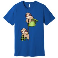 Irish St Patricks Day Fishing Sloth Shamrock Plaid Ireland Gift Premium T-Shirt