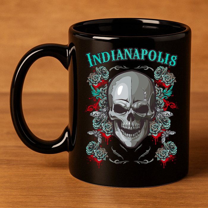 Indianapolis Skull Pirate Skeleton For Bikers Gift 11oz C Handle Ceramic Mug
