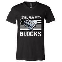 I Still Play With Blocks American Flag Car Auto Mechanic V-Neck T-Shirt