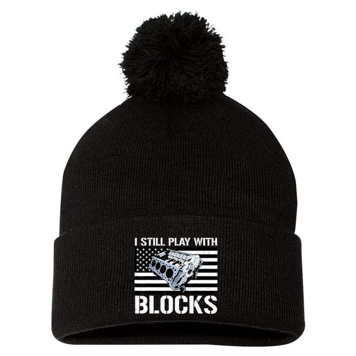 I Still Play With Blocks American Flag Car Auto Mechanic Pom Pom 12in Knit Beanie